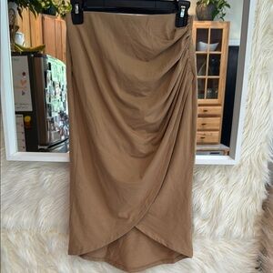 Open Edit Tan Ruched Wrap Midi Skirt XS Neutral Minimalist Capsule Wardrobe